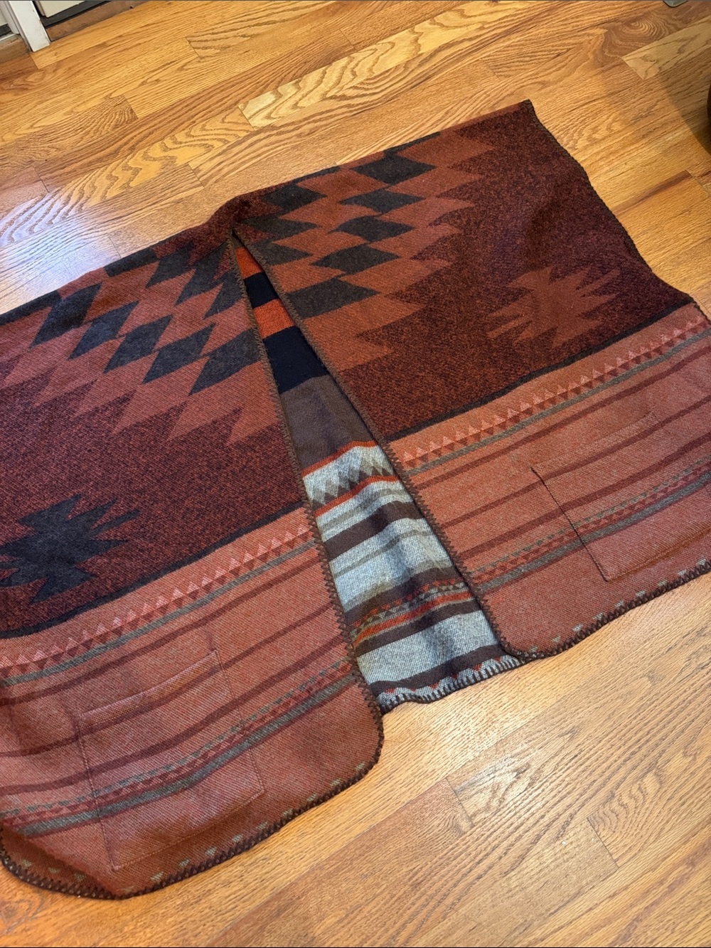 Rust Aztec Pattern Wool poncho-